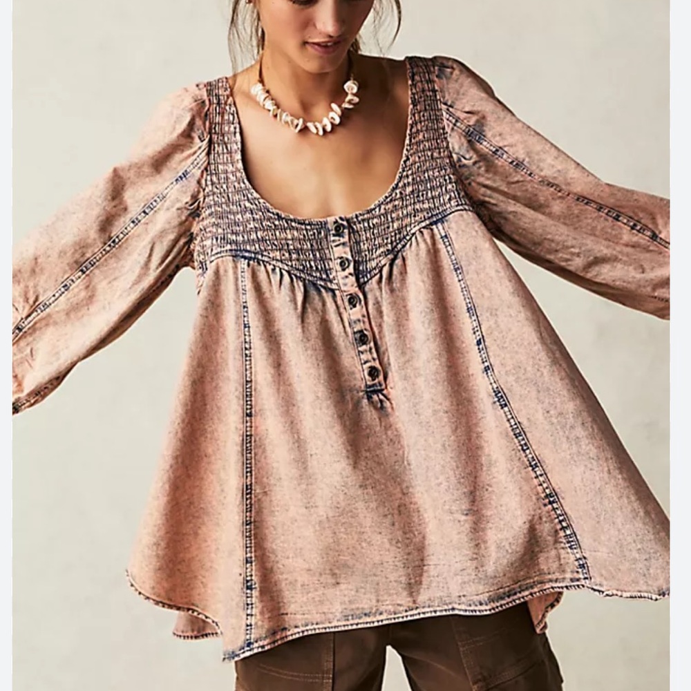 NWT Free People Pink Smocked denim Blouse
